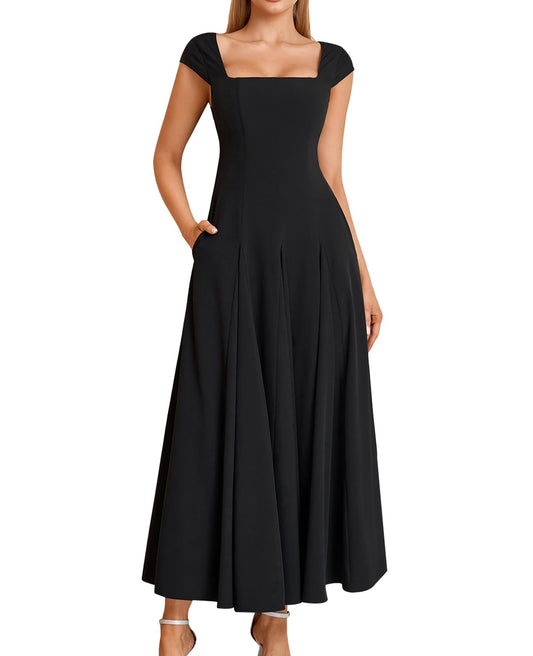 GLNEGE Women’s Corset Wedding Guest Maxi Dress Cap Sleeve Square Neck Lace Up A Line Flowy Formal Midi Dress with Pockets