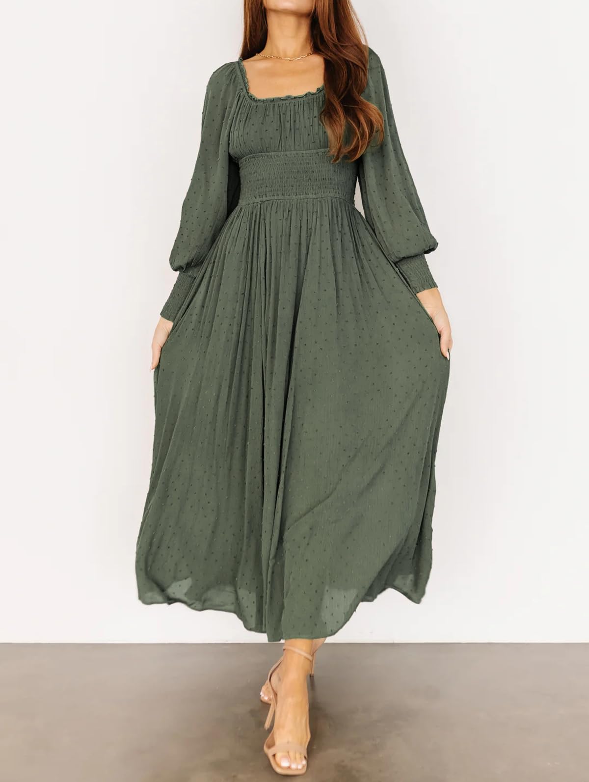 R.Vivimos Women's Puff Long Sleeve Maxi Dress Square Neck Elastic Empire Waist Swiss Dots Casual Flowy A-Line Long Dresses