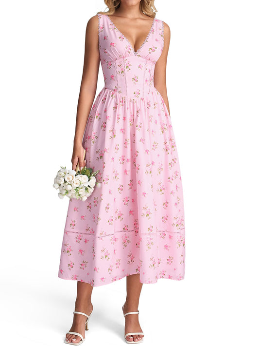 KUTUMAI Floral Corset Midi Dresses for Women 2026 Summer Spring V Neck Lace Up Flowy Wedding Guest Dress