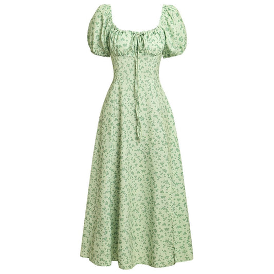 Women Summer Dresses Vintage Square Neck Adjustable Bust Floral Dress Short Puff A-Line Midi Dresses Sleeve