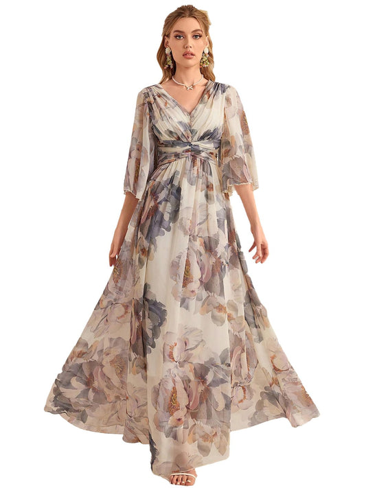 TOLEEN Summer Casual Dresses for Women 2024 Spring Fashion Boho V Neck Long Sleeve Ruffle Floral Print Elegant Maxi Dress