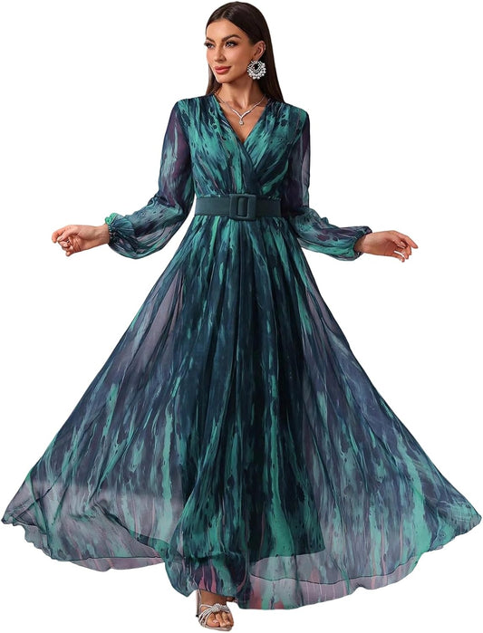 TOLEEN Summer Casual Dresses for Women 2024 Spring Fashion Boho V Neck Long Sleeve Ruffle Floral Print Elegant Maxi Dress
