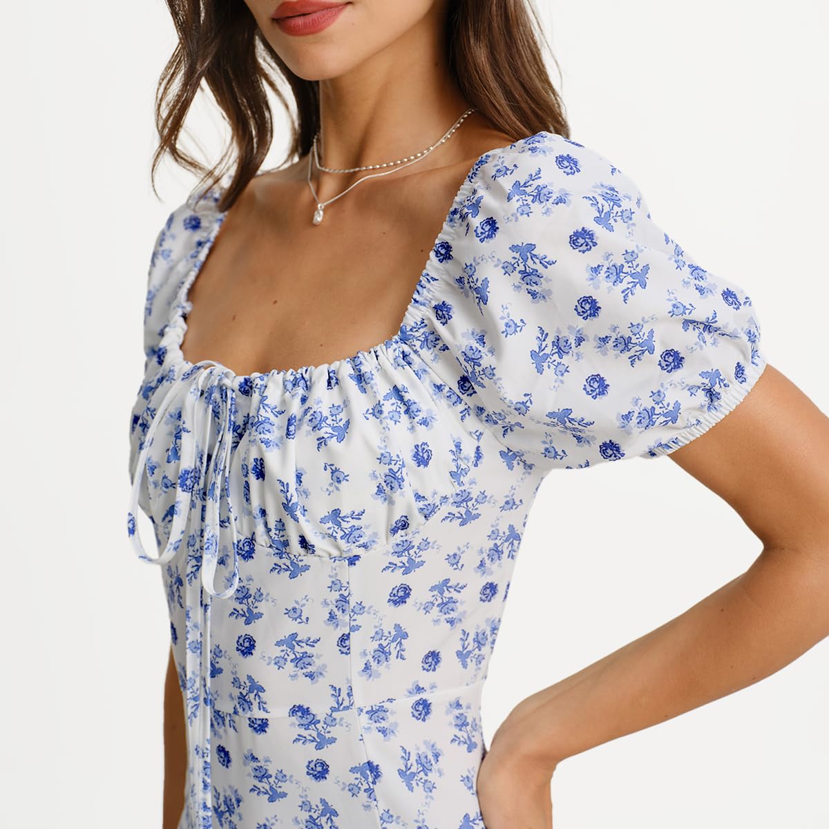 Women Summer Dresses Vintage Square Neck Adjustable Bust Floral Dress Short Puff A-Line Midi Dresses Sleeve