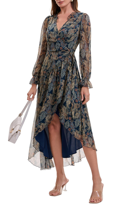 Women's Bohemian Floral Print Tie-Waist Wrap Midi Dress - Long Sleeve V-Neck Asymmetrical Hem Flowy Chiffon Dress