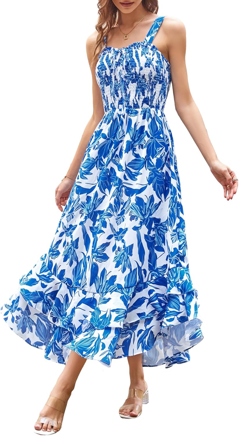 GRACE KARIN Women's 2026 Summer Floral Boho Dress Square Neck Strapped Swing A Line Sundress Beach Long Maxi Outfits