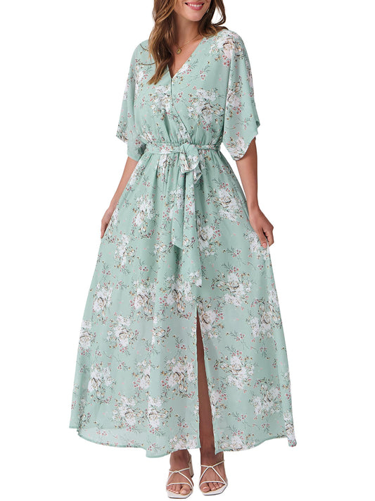 ANRABESS Womens 1/2 Sleeve Beach Wedding Guest Maxi Dresses 2026 Summer Wrap V Neck Boho Floral Flowy Slit Long Dresses