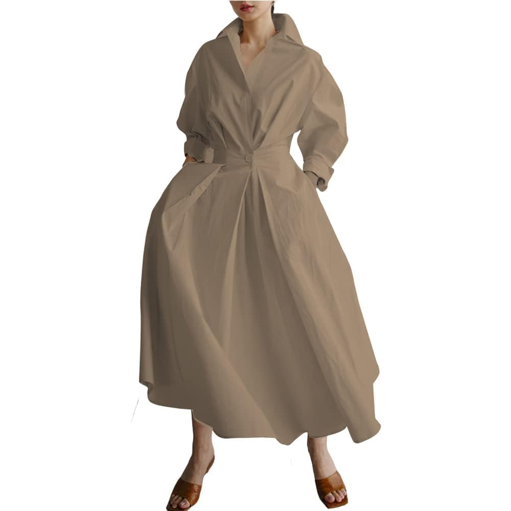 BIVENANT Womens Elegant High Waist Shirt Dress Cotton Linen Elastic Long Sleeve Print Loose Maxi Skirtdresses with Pockets
