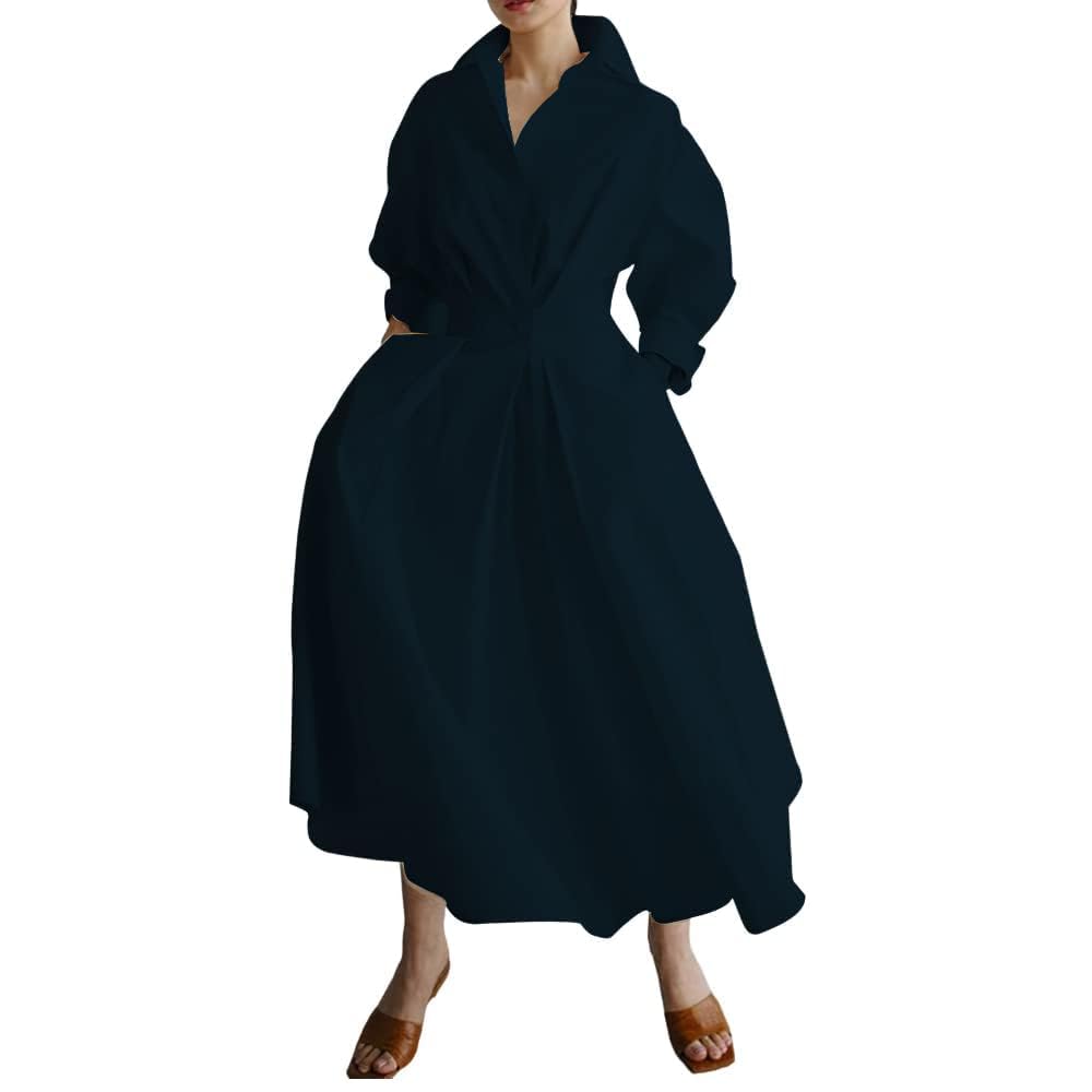 BIVENANT Womens Elegant High Waist Shirt Dress Cotton Linen Elastic Long Sleeve Print Loose Maxi Skirtdresses with Pockets