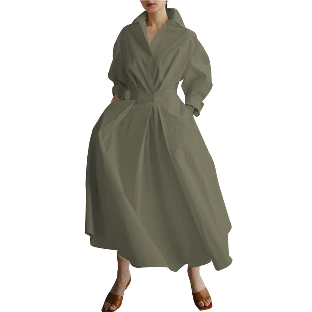 BIVENANT Womens Elegant High Waist Shirt Dress Cotton Linen Elastic Long Sleeve Print Loose Maxi Skirtdresses with Pockets