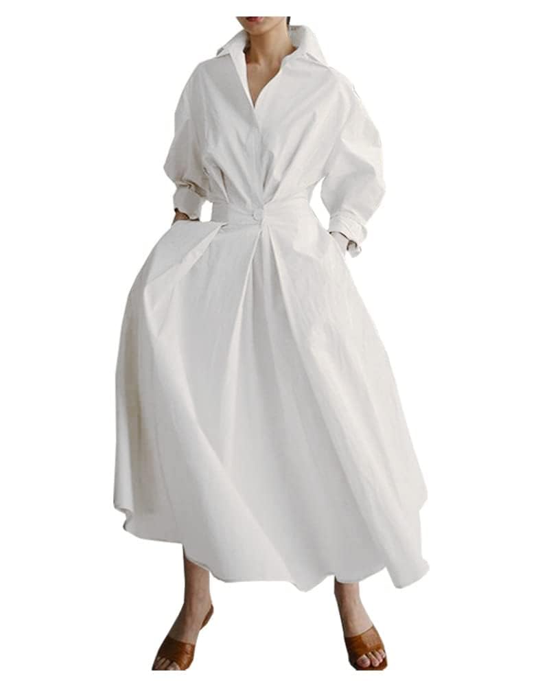BIVENANT Womens Elegant High Waist Shirt Dress Cotton Linen Elastic Long Sleeve Print Loose Maxi Skirtdresses with Pockets