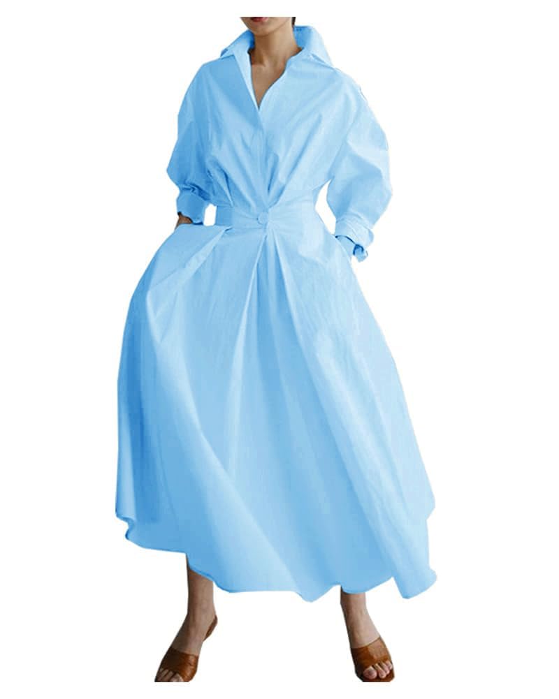 BIVENANT Womens Elegant High Waist Shirt Dress Cotton Linen Elastic Long Sleeve Print Loose Maxi Skirtdresses with Pockets