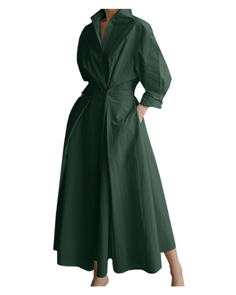 BIVENANT Womens Elegant High Waist Shirt Dress Cotton Linen Elastic Long Sleeve Print Loose Maxi Skirtdresses with Pockets