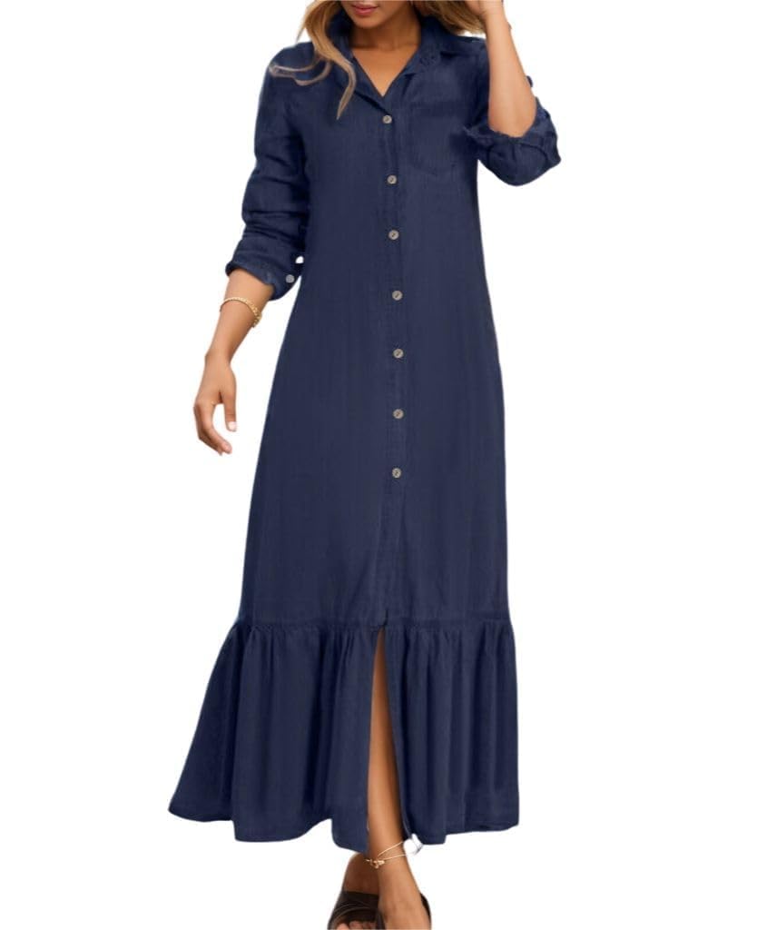 Summer Loose Hand Pocket Midi Long Tunic Denim Shirt Dress for Women Casual Button Front Maxi Shirt Dress