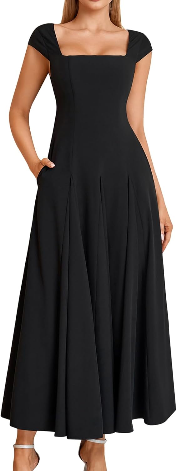 GLNEGE Women’s Corset Wedding Guest Maxi Dress Cap Sleeve Square Neck Lace Up A Line Flowy Formal Midi Dress with Pockets
