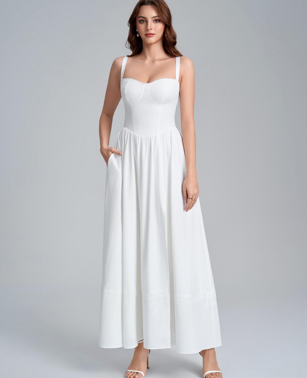 GLNEGE Floral Corset Wedding Guest Maxi Dress Summer Spring Flowy A Line Slit Tea Party Sundress for Women with Pockets