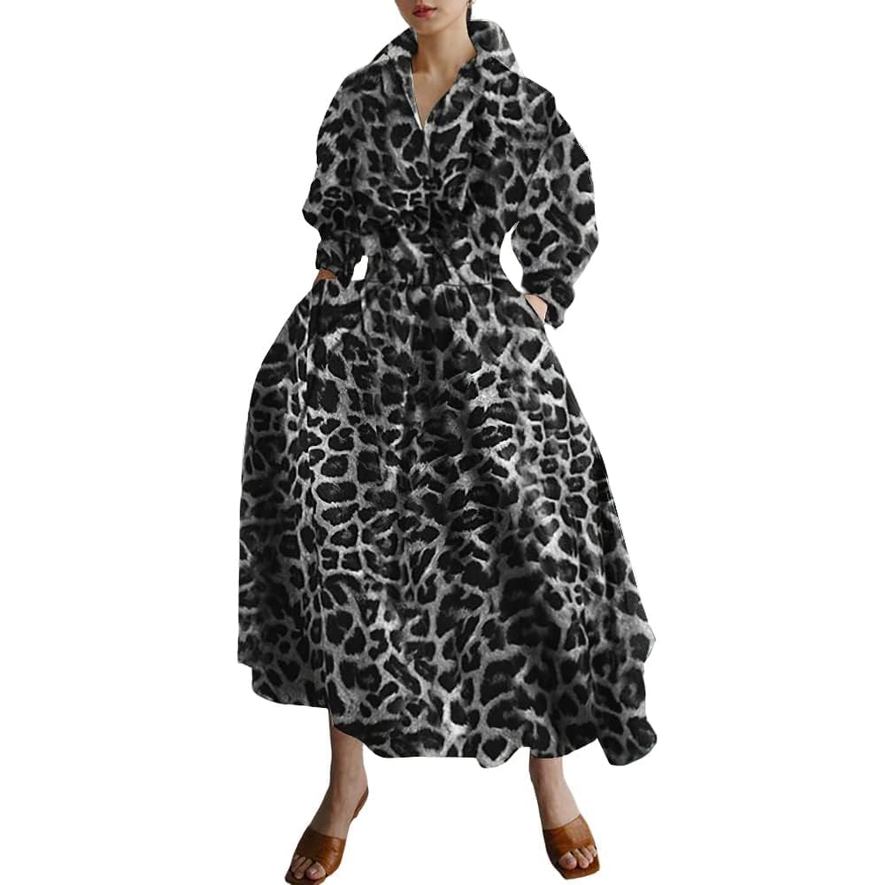 BIVENANT Womens Elegant High Waist Shirt Dress Cotton Linen Elastic Long Sleeve Print Loose Maxi Skirtdresses with Pockets