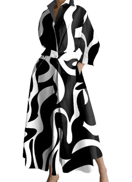 BIVENANT Womens Elegant High Waist Shirt Dress Cotton Linen Elastic Long Sleeve Print Loose Maxi Skirtdresses with Pockets