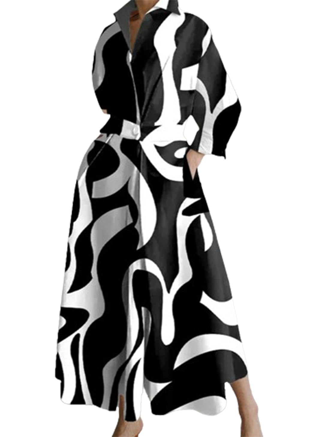 BIVENANT Womens Elegant High Waist Shirt Dress Cotton Linen Elastic Long Sleeve Print Loose Maxi Skirtdresses with Pockets