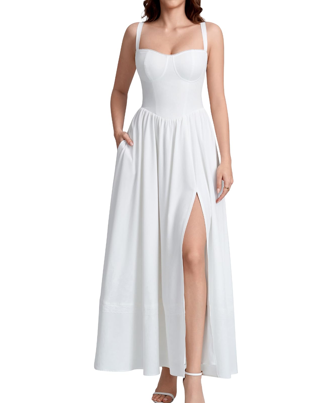 GLNEGE Floral Corset Wedding Guest Maxi Dress Summer Spring Flowy A Line Slit Tea Party Sundress for Women with Pockets