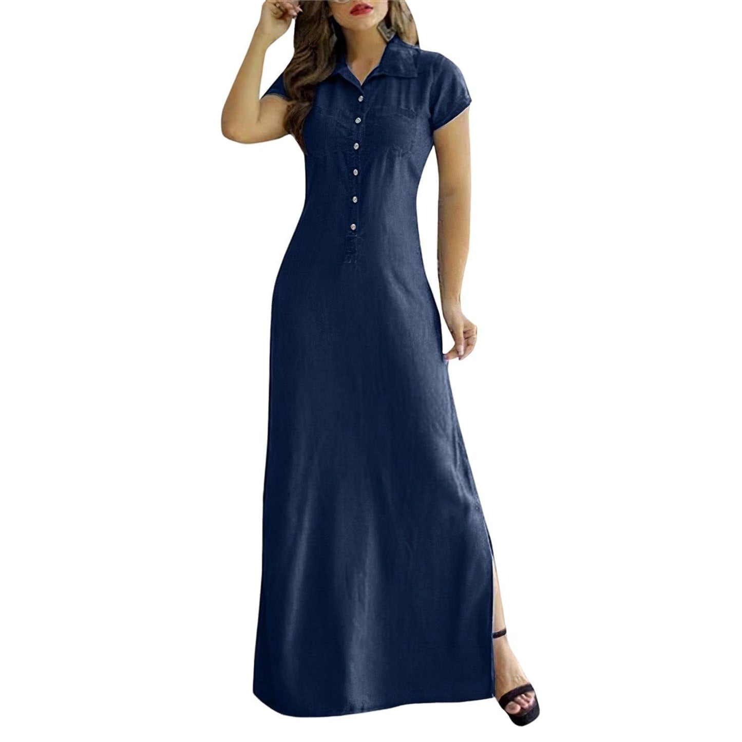 Summer Loose Hand Pocket Midi Long Tunic Denim Shirt Dress for Women Casual Button Front Maxi Shirt Dress