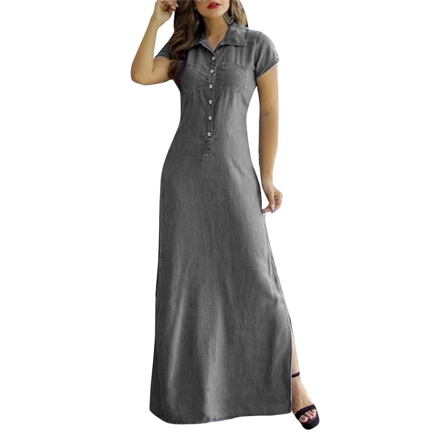 Summer Loose Hand Pocket Midi Long Tunic Denim Shirt Dress for Women Casual Button Front Maxi Shirt Dress