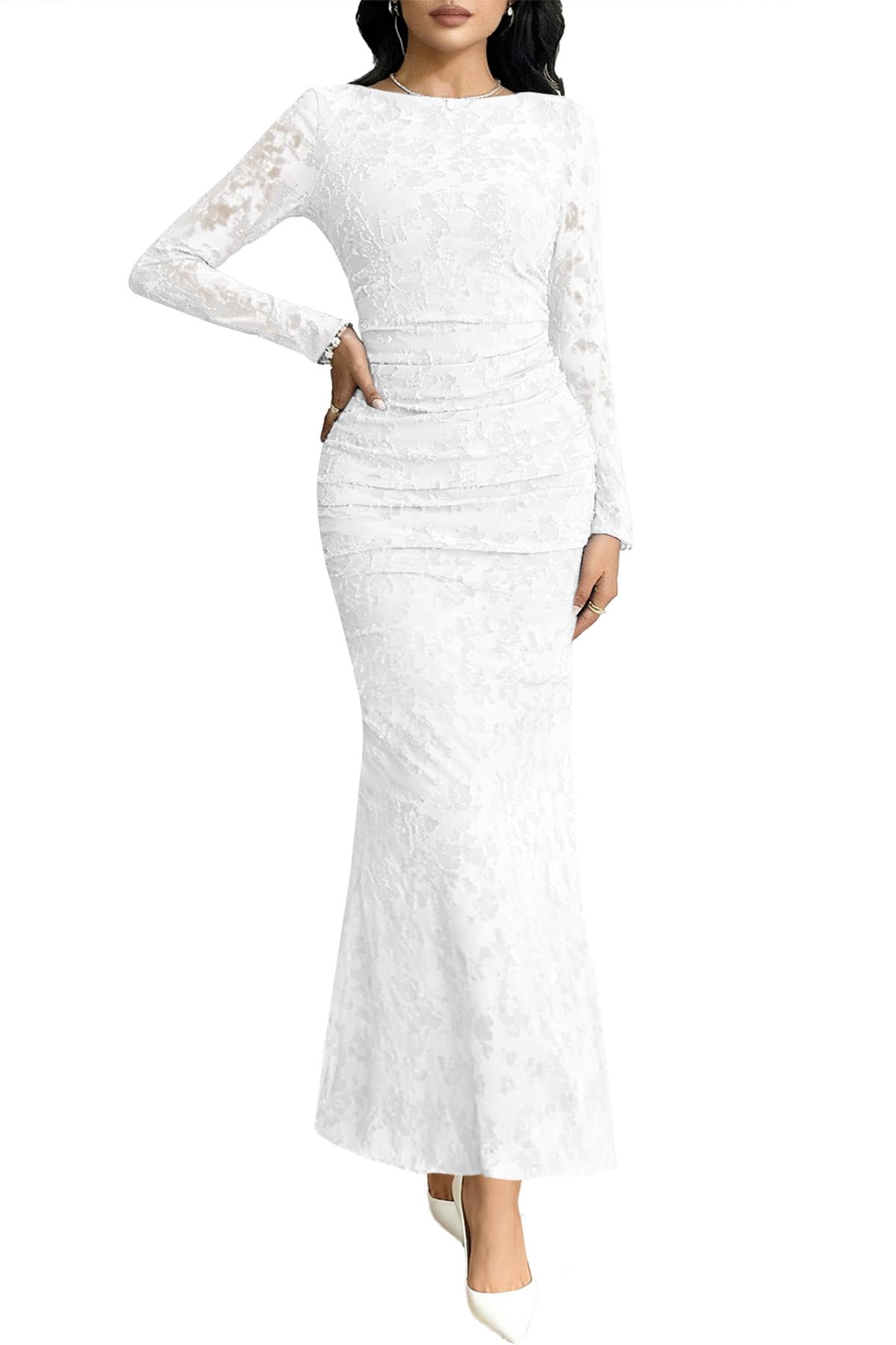 MITILLY Women's Formal Long Sleeve Dress Fall Elegant Floral Bodycon Ruched Cocktail Party Maxi Dresses New