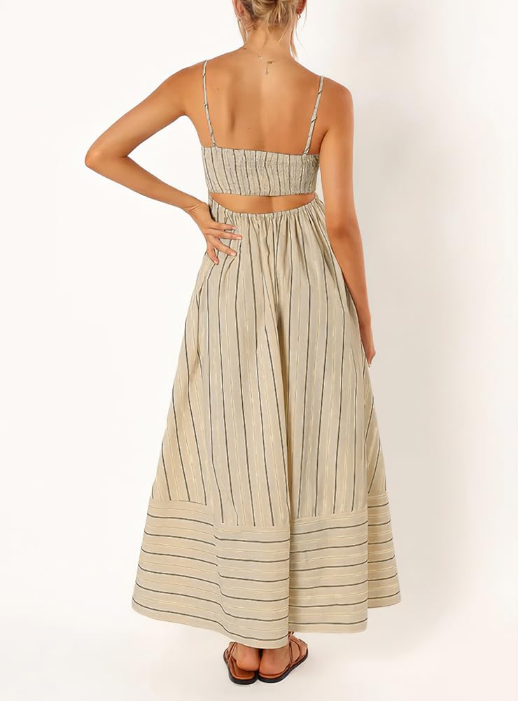 chouyatou Women's Striped Back Smocked Maxi Dress Sexy Spaghetti Strap Cut Out Flowy Swing Long Dress