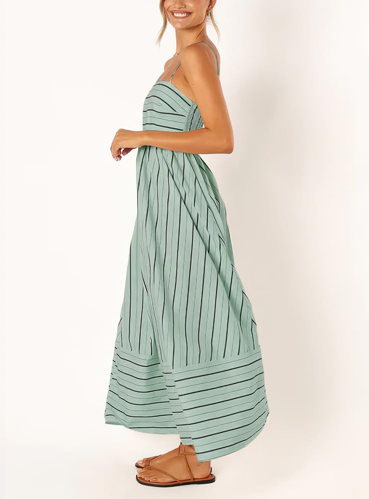 chouyatou Women's Striped Back Smocked Maxi Dress Sexy Spaghetti Strap Cut Out Flowy Swing Long Dress