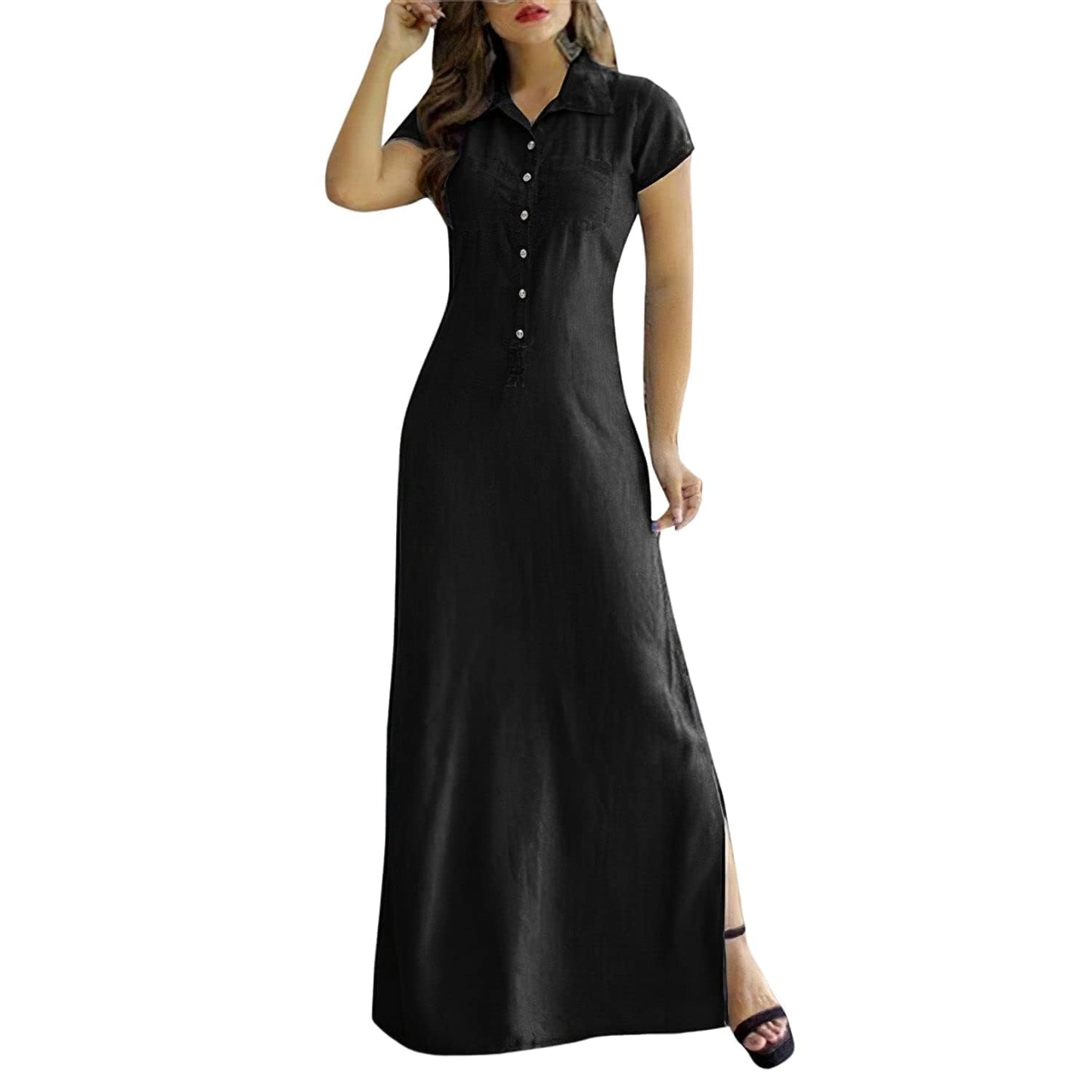 Summer Loose Hand Pocket Midi Long Tunic Denim Shirt Dress for Women Casual Button Front Maxi Shirt Dress