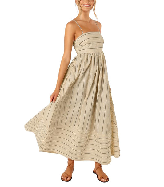 chouyatou Women's Striped Back Smocked Maxi Dress Sexy Spaghetti Strap Cut Out Flowy Swing Long Dress