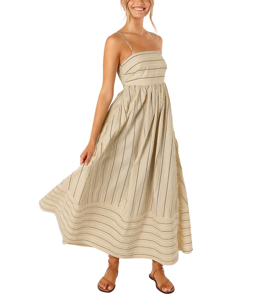 chouyatou Women's Striped Back Smocked Maxi Dress Sexy Spaghetti Strap Cut Out Flowy Swing Long Dress