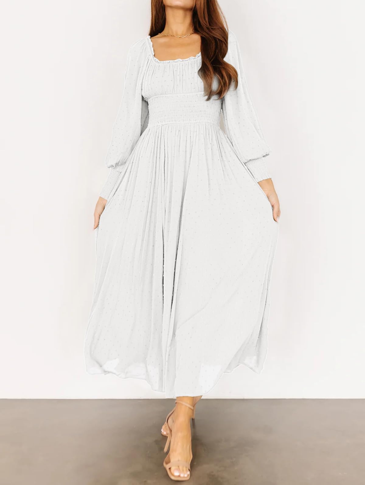 R.Vivimos Women's Puff Long Sleeve Maxi Dress Square Neck Elastic Empire Waist Swiss Dots Casual Flowy A-Line Long Dresses