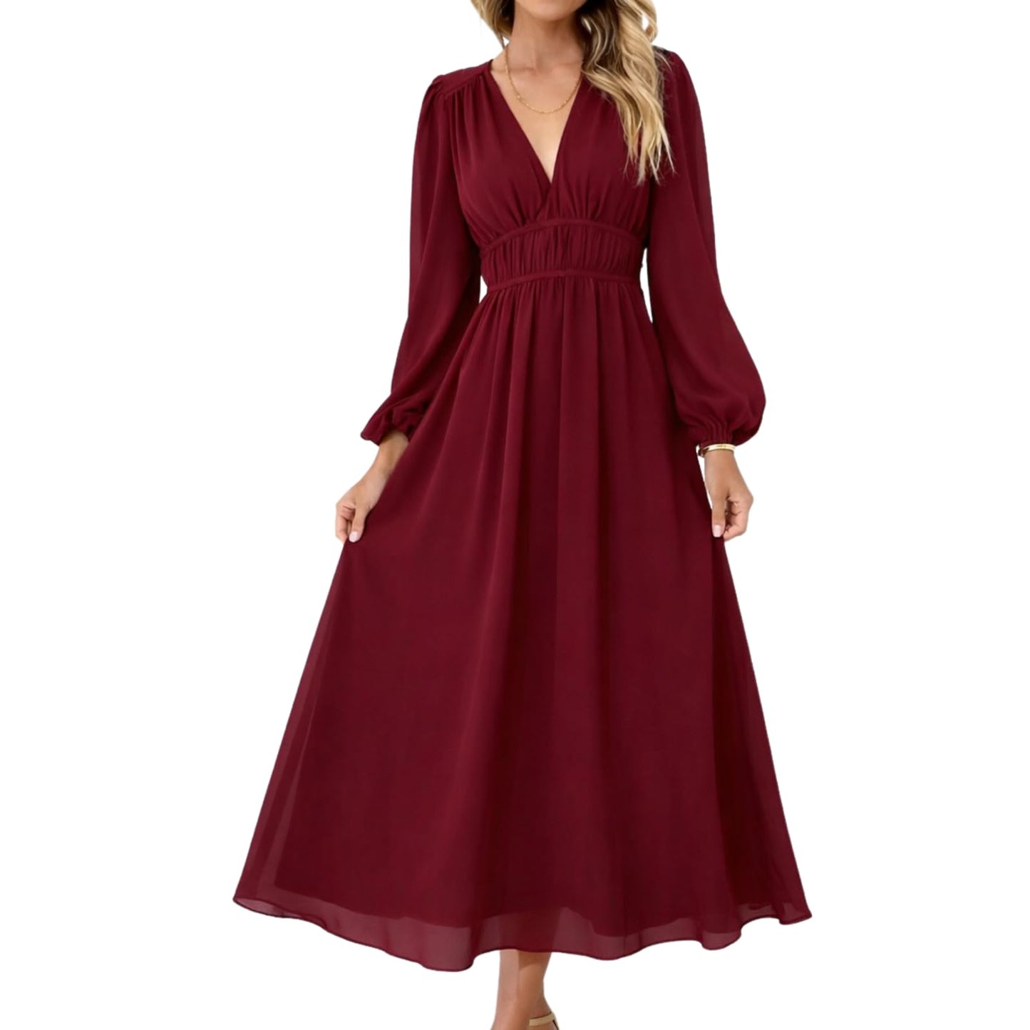 LOZ Womens Long Sleeve Dresses 2026 Summer V-Neck Multicolor Floral Dresses | V-Neck, Puff Sleeve, Chiffon Dresses, Long Dresses, Elegant Wedding Guest, Maxi Dress, Cocktail Dress, Spring Maxi Dress