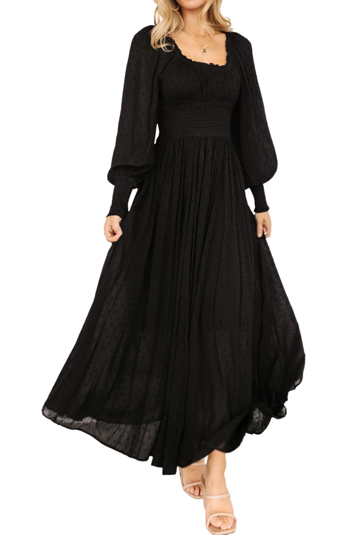 R.Vivimos Women's Puff Long Sleeve Maxi Dress Square Neck Elastic Empire Waist Swiss Dots Casual Flowy A-Line Long Dresses