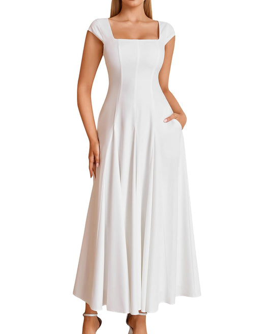 GLNEGE Women’s Corset Wedding Guest Maxi Dress Cap Sleeve Square Neck Lace Up A Line Flowy Formal Midi Dress with Pockets