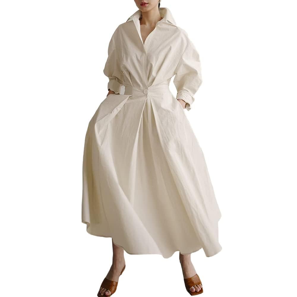 BIVENANT Womens Elegant High Waist Shirt Dress Cotton Linen Elastic Long Sleeve Print Loose Maxi Skirtdresses with Pockets