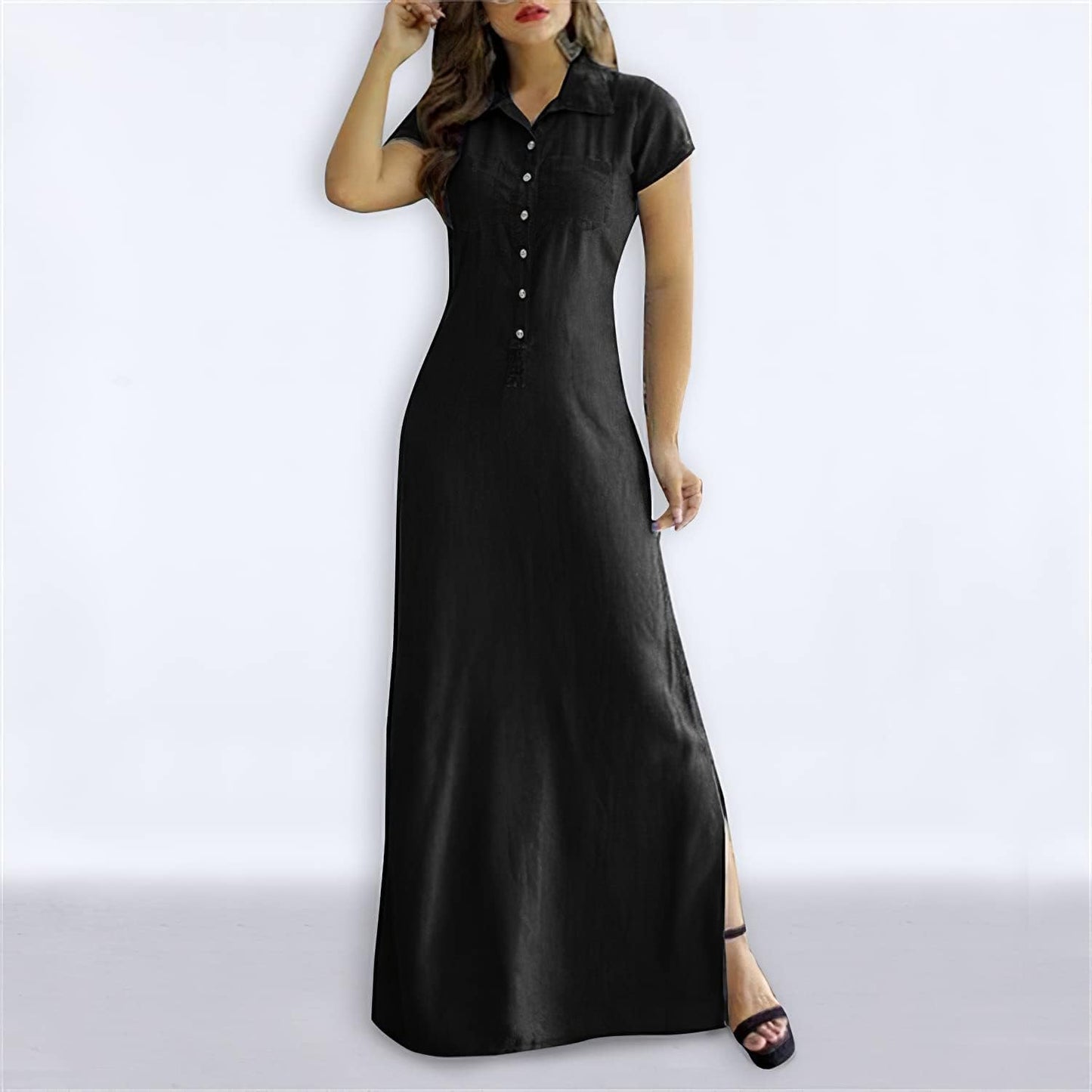 Summer Loose Hand Pocket Midi Long Tunic Denim Shirt Dress for Women Casual Button Front Maxi Shirt Dress