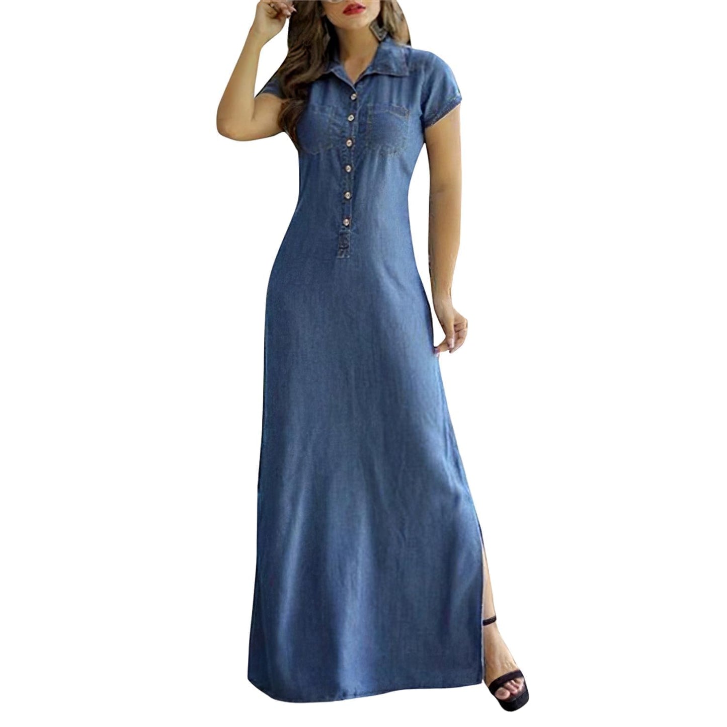 Summer Loose Hand Pocket Midi Long Tunic Denim Shirt Dress for Women Casual Button Front Maxi Shirt Dress