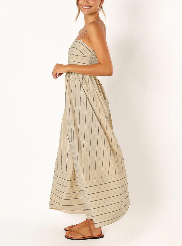 chouyatou Women's Striped Back Smocked Maxi Dress Sexy Spaghetti Strap Cut Out Flowy Swing Long Dress
