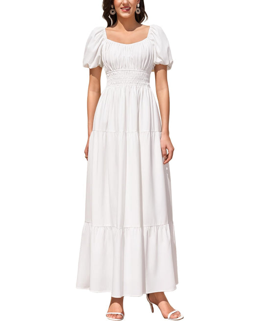 Women Puff Sleeve Wedding Guest Maxi Dress Floral Flowy A Line Tiered Beach Long Dresses