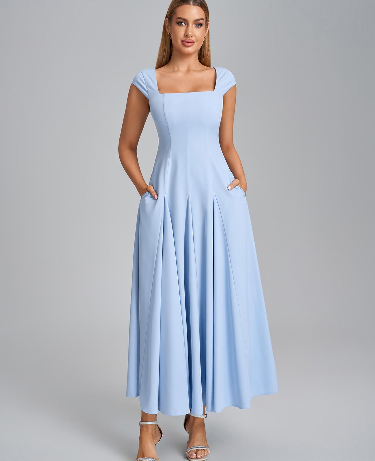 GLNEGE Women’s Corset Wedding Guest Maxi Dress Cap Sleeve Square Neck Lace Up A Line Flowy Formal Midi Dress with Pockets