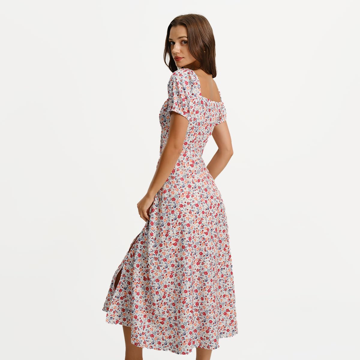 Women Summer Dresses Vintage Square Neck Adjustable Bust Floral Dress Short Puff A-Line Midi Dresses Sleeve