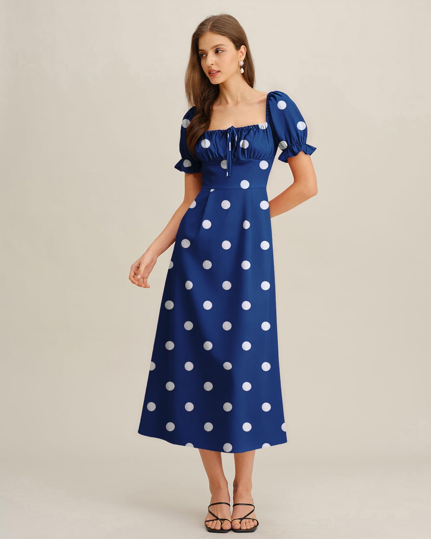 Women Summer Dresses Vintage Square Neck Adjustable Bust Floral Dress Short Puff A-Line Midi Dresses Sleeve