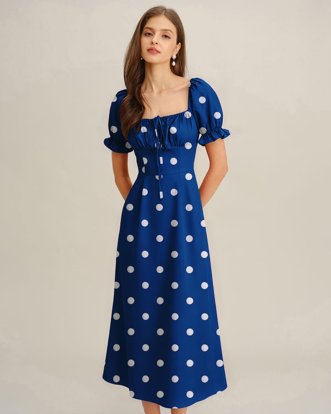 Women Summer Dresses Vintage Square Neck Adjustable Bust Floral Dress Short Puff A-Line Midi Dresses Sleeve