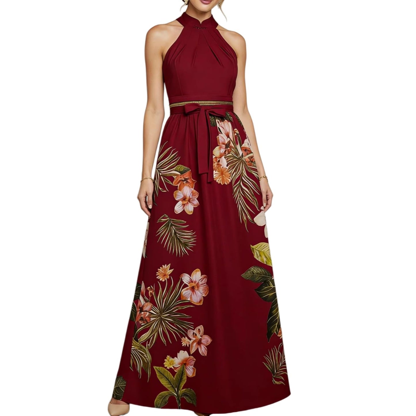Halter Floral Print Chiffon Maxi Dress for Women Floral Wedding Guest Maxi Dress Formal Halter Chiffon Bridesmaid Dresses