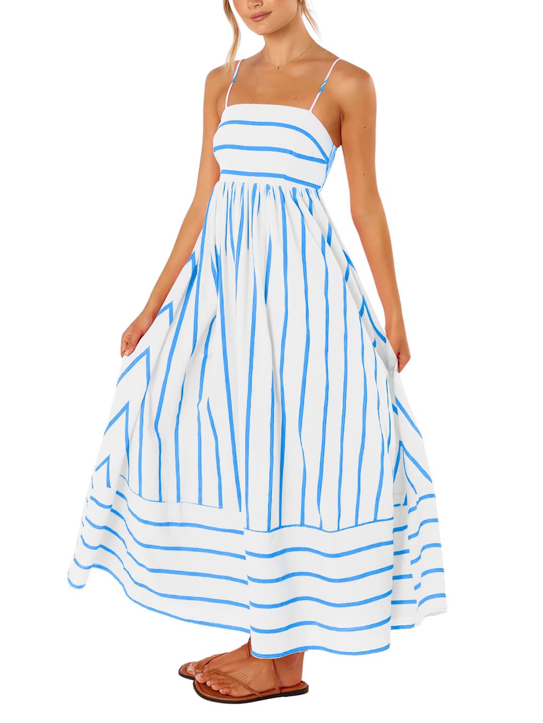 chouyatou Women's Striped Back Smocked Maxi Dress Sexy Spaghetti Strap Cut Out Flowy Swing Long Dress