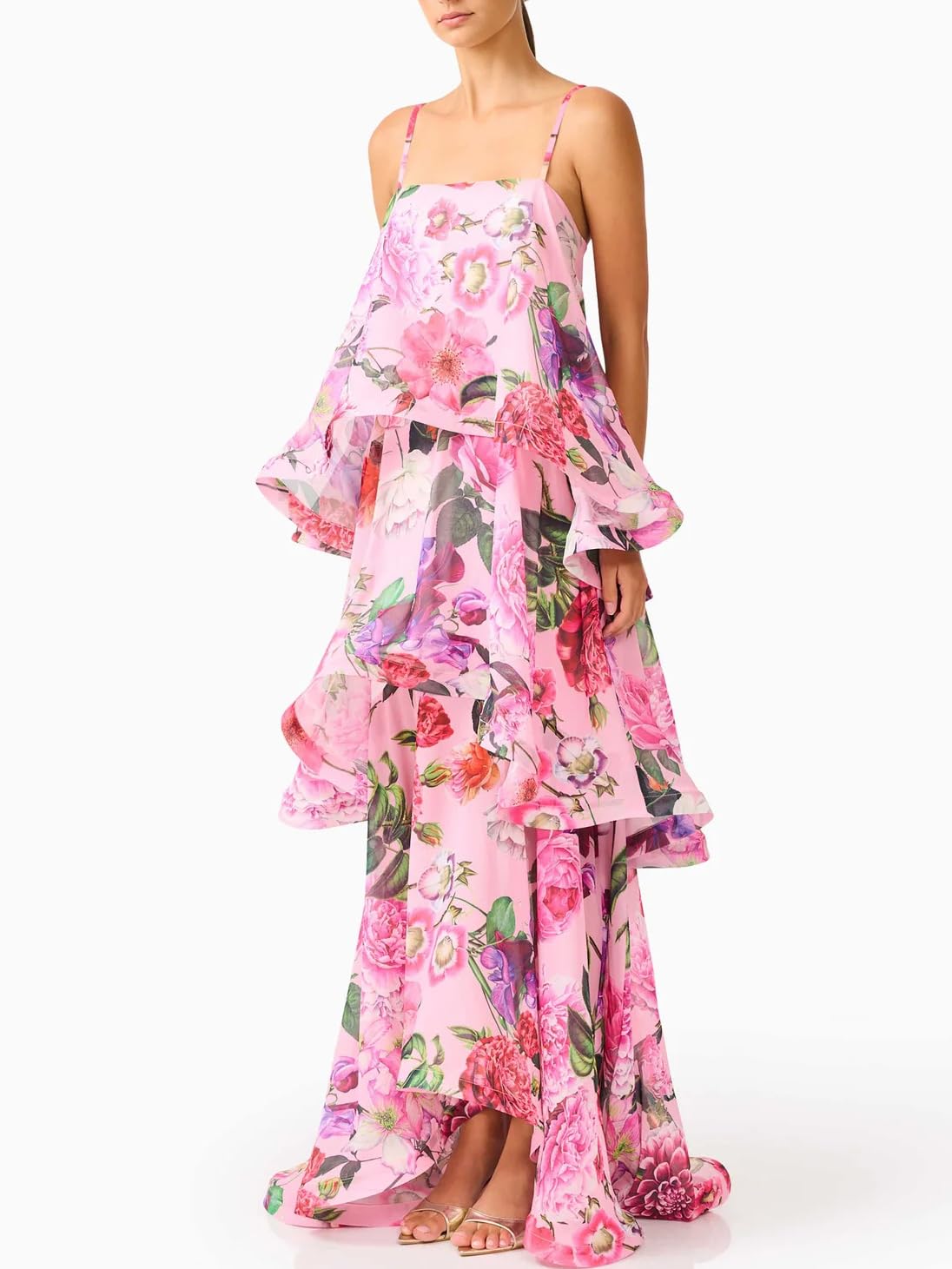 Women's Elegant Print Layered Ruffle Prom Dress Spaghetti Strap Backless Loose Chiffon Maxi Dress