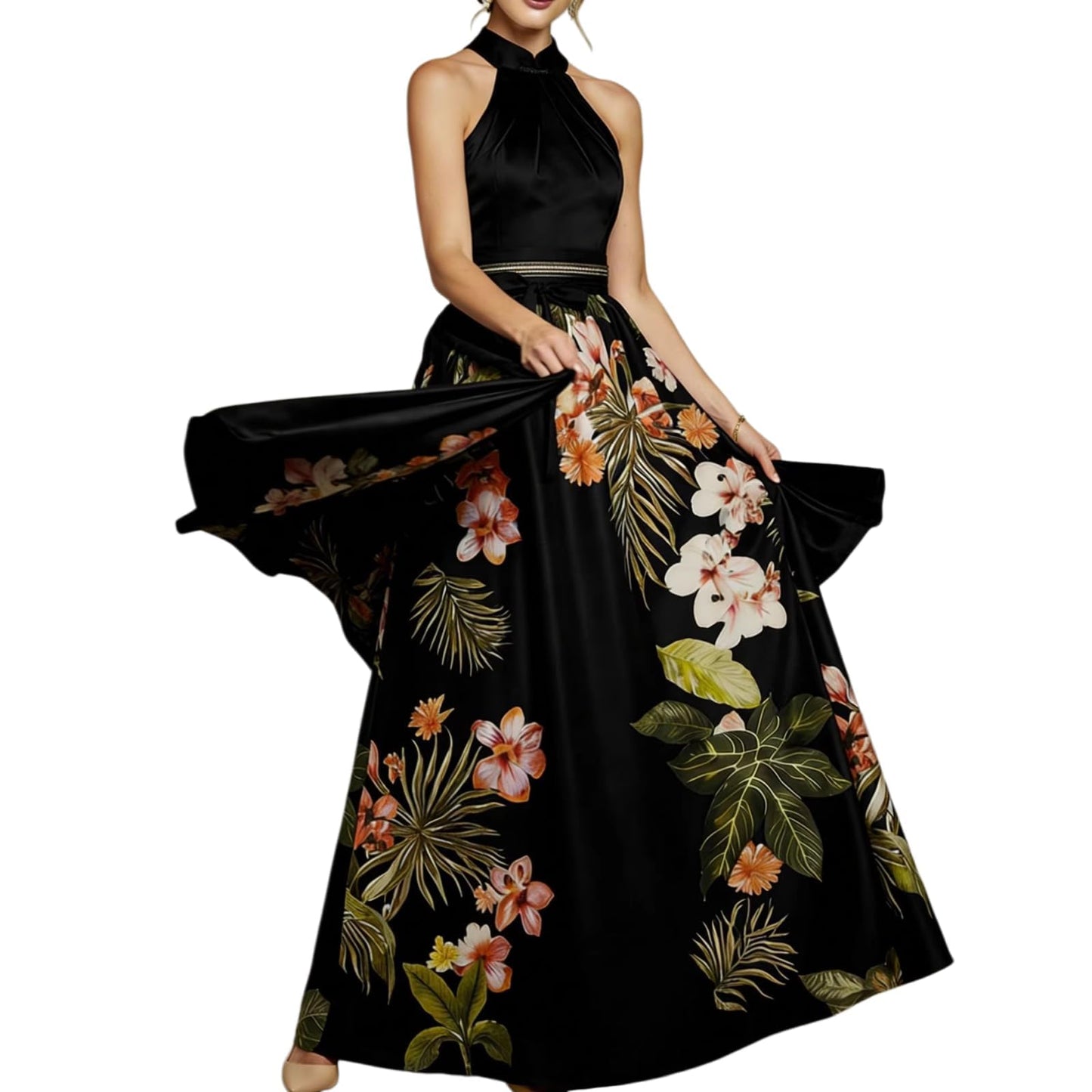 Halter Floral Print Chiffon Maxi Dress for Women Floral Wedding Guest Maxi Dress Formal Halter Chiffon Bridesmaid Dresses