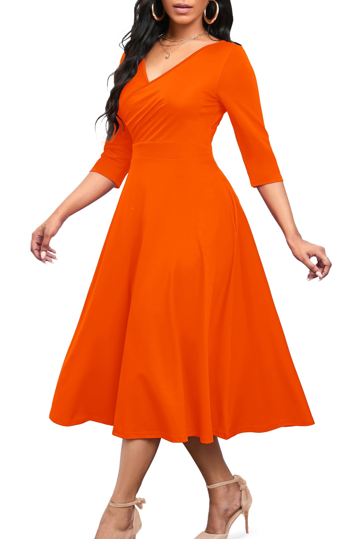 Nmoder Women's Casual Wrap Flared Midi Dress Wedding Guest Cocktail Tea Dresses A-Line Swing V-Neck 3/4 Sleeve