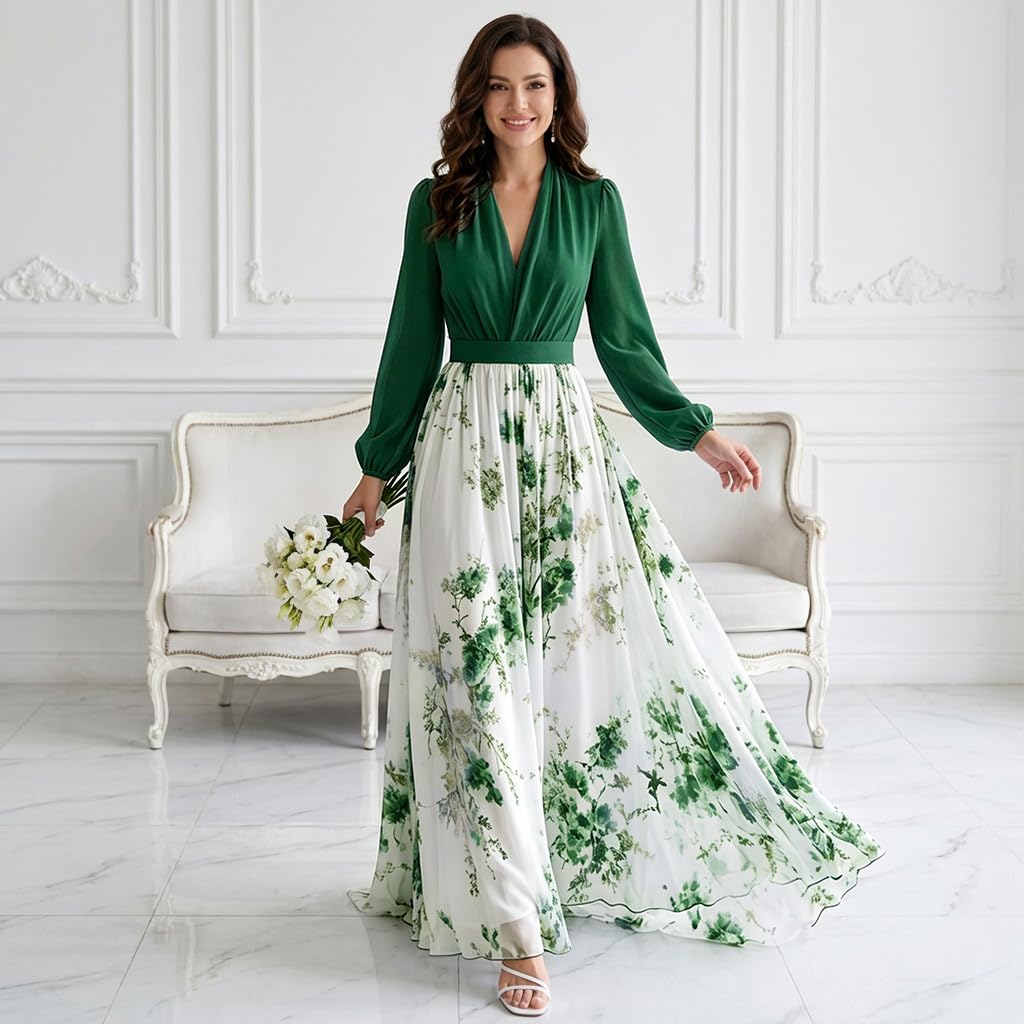 Women's Boho Floral Chiffon Maxi Dresses 2026 Summer Casual Long Sheer Sleeve Deep V Neck A-Line Beach Vacation Dress
